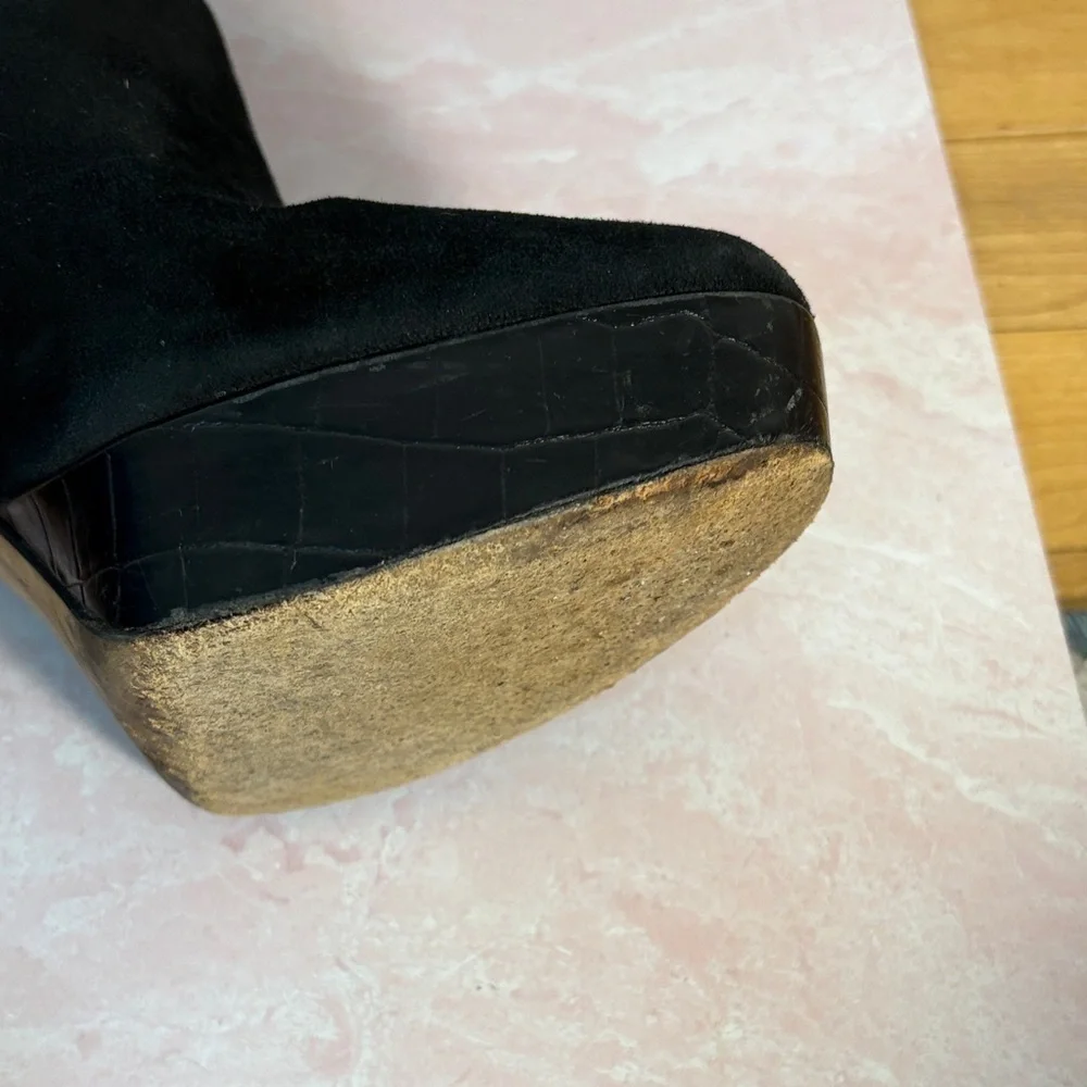 Via Spiga Genuine Leather & Suede Black Ankle Platform Heeled Booties, Side Zip